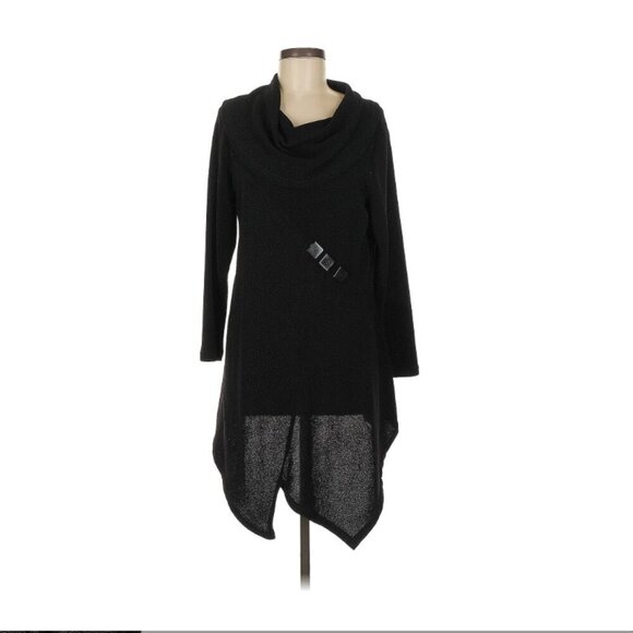 Yushi Textured Asymmetrical Hem Black Dress Sz M Button Detail Slouchy Cowl Neck - Picture 2 of 10